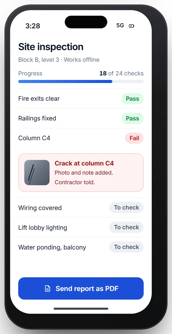 A site inspection app working offline: checks marked pass or fail, a failed item with a photo, and a button to send the report as a PDF