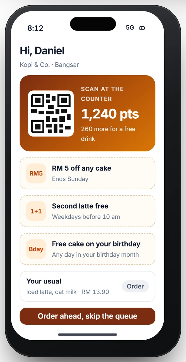 A cafe member app: a QR code to scan at the counter, points, vouchers and an order ahead button