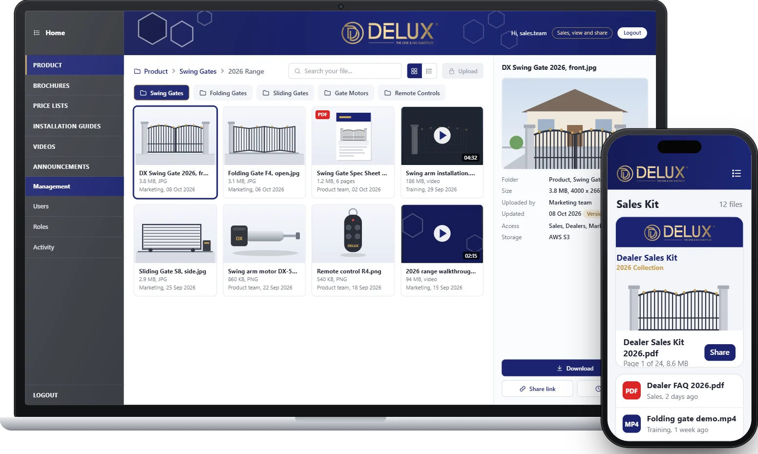 The Delux product library on a laptop and a phone: folders for swing gates, brochures and videos, with file details and sharing