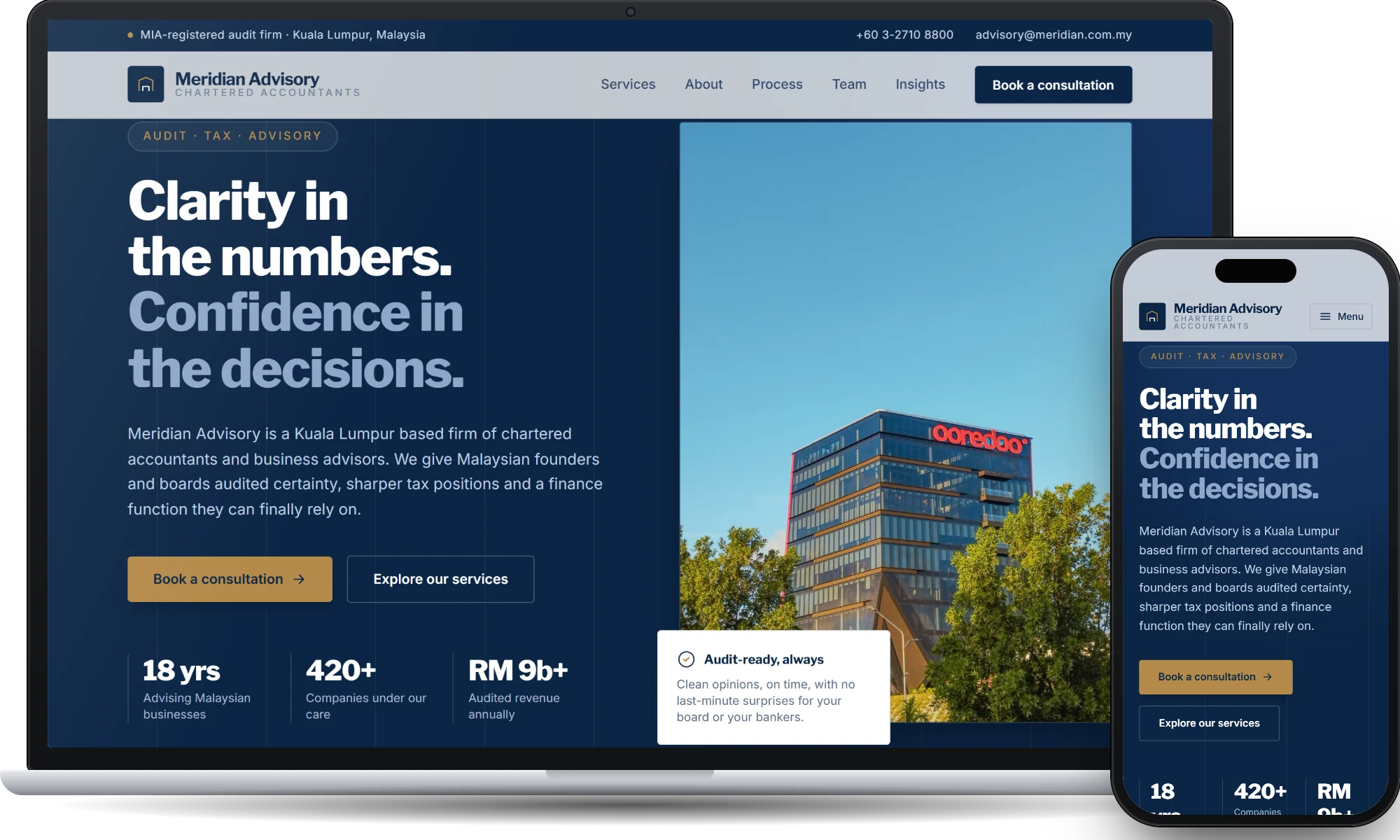 Meridian Advisory, an accounting firm website designed by Forward Genix, on a laptop and a phone