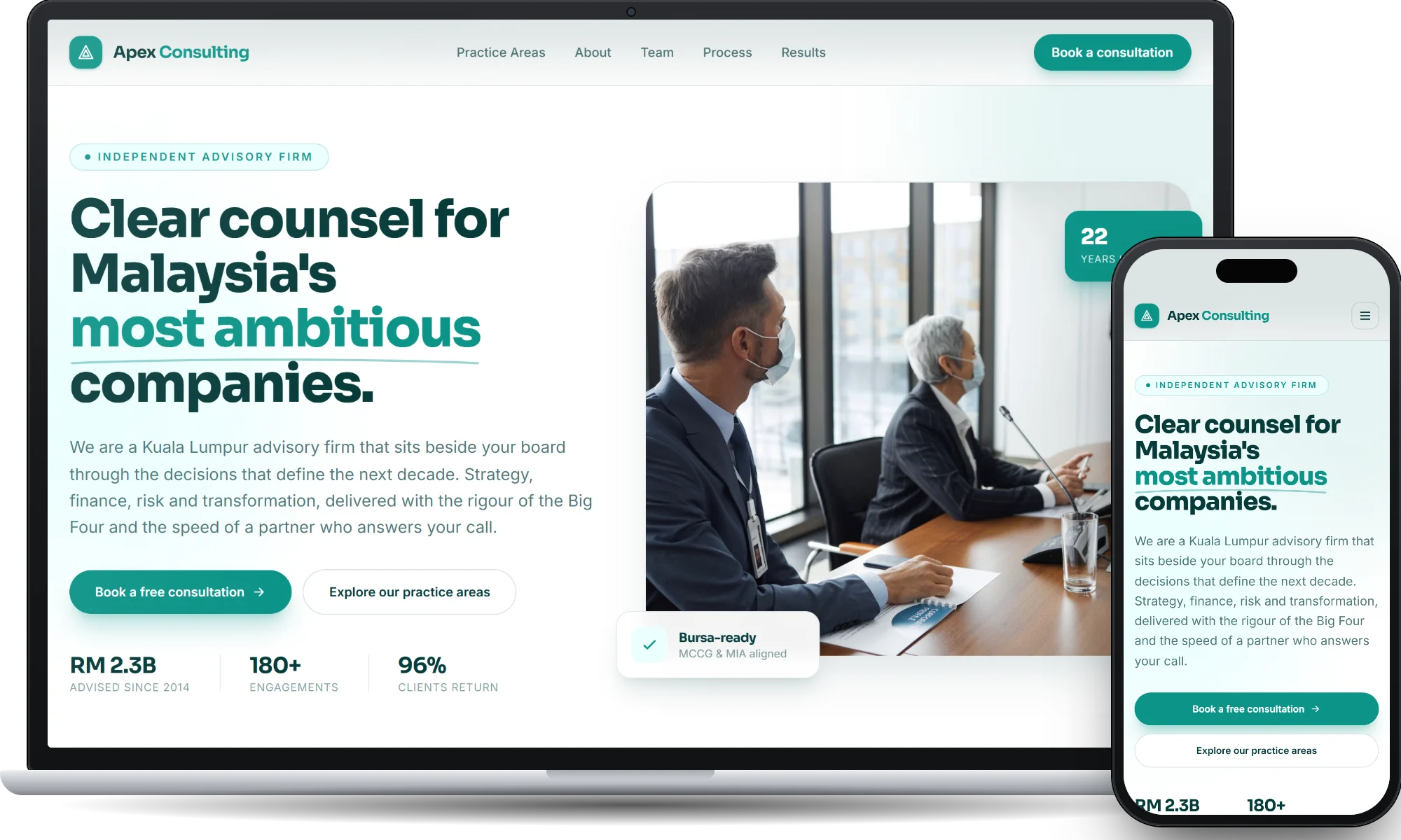 Apex Consulting, an advisory firm website designed by Forward Genix, on a laptop and a phone