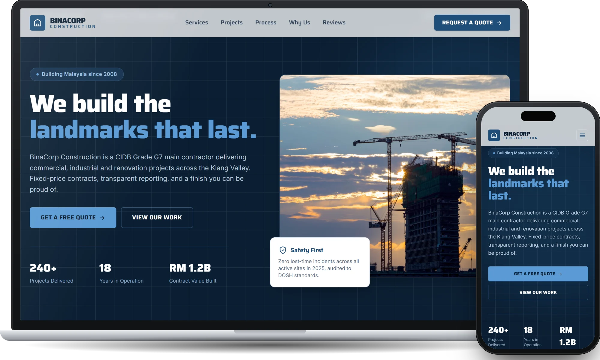 BinaCorp, a construction website designed by Forward Genix, on a laptop and a phone