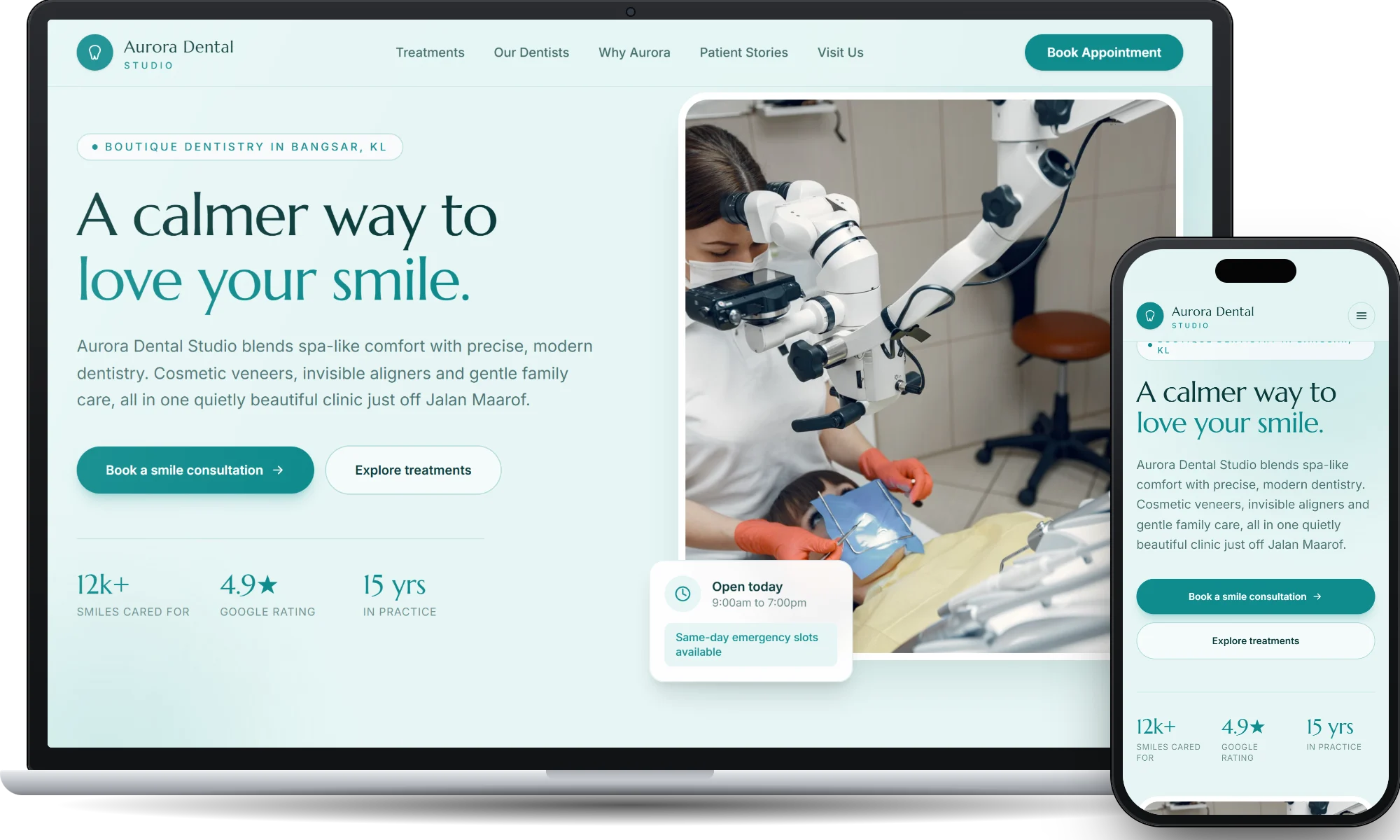 Aurora Dental, a dental clinic website designed by Forward Genix, on a laptop and a phone