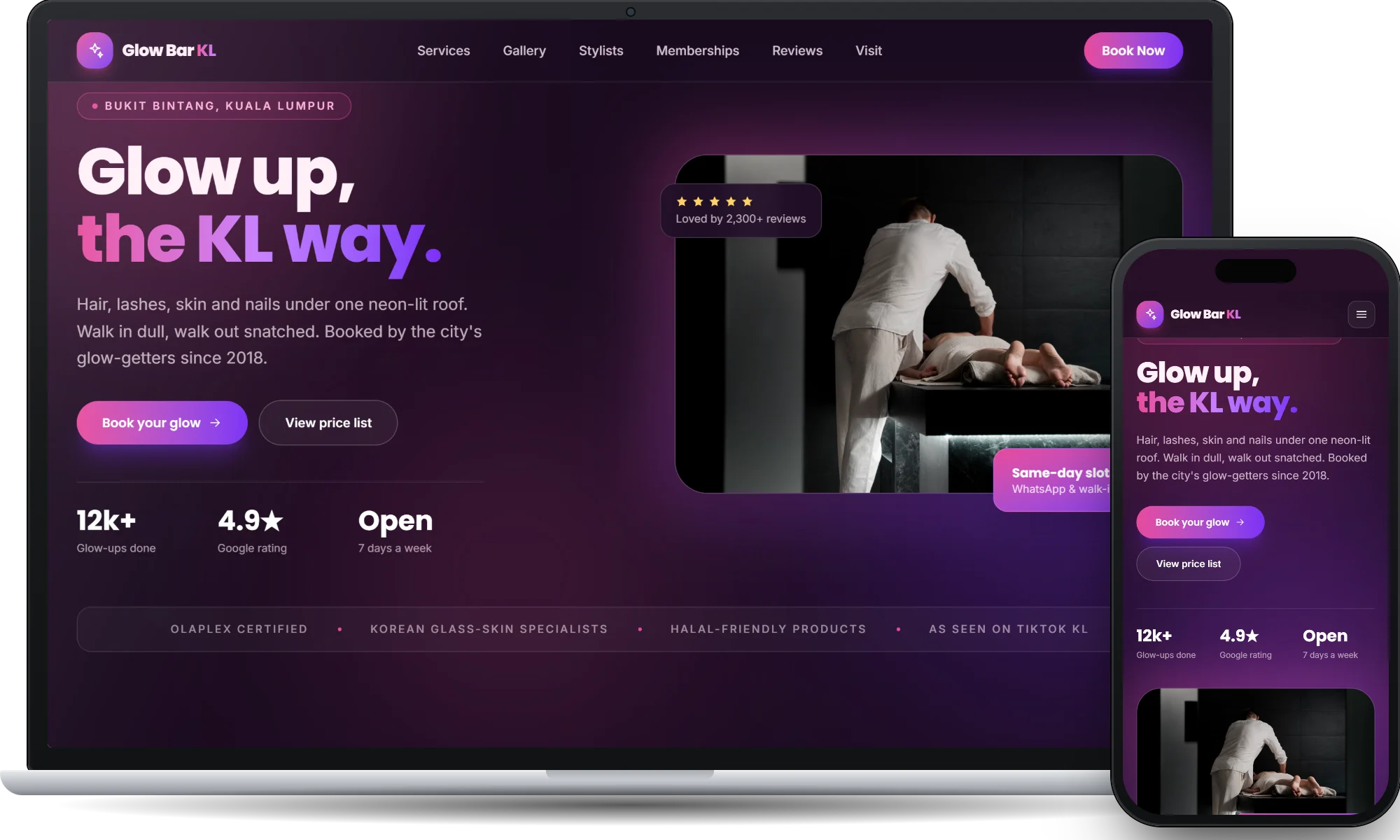 Glow Bar, a hair and beauty bar website designed by Forward Genix, on a laptop and a phone