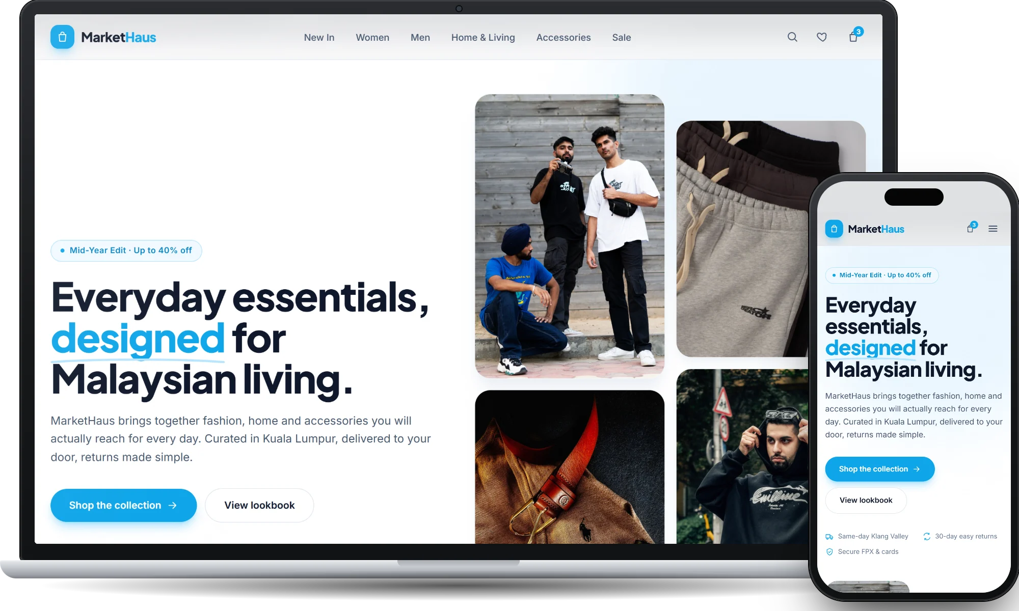 MarketHaus, an online store website designed by Forward Genix, on a laptop and a phone